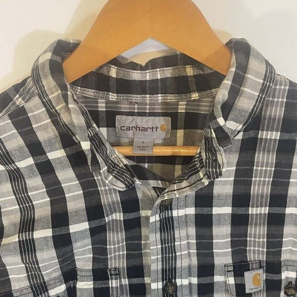 Carhartt Men’s Plaid Short‎ Sleeve Black/Gray Size Large Button Front Shirt - Picture 2 of 6